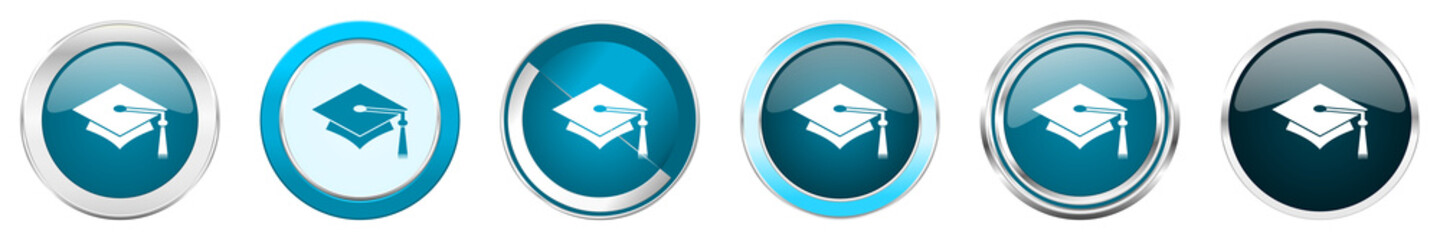 Aufkleber - Education silver metallic chrome border icons in 6 options, set of web blue round buttons isolated on white background