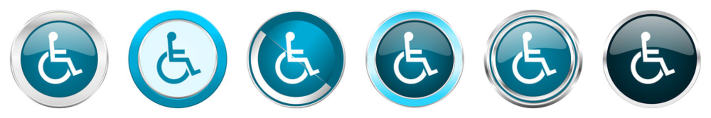 Fototapete - Wheelchair silver metallic chrome border icons in 6 options, set of web blue round buttons isolated on white background