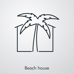 Sticker - Concepto destino de vacaciones de verano. Logotipo lineal con texto Beach house y edificio con palmera en fondo gris 