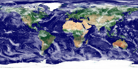 World texture. Satellite image of the Earth. High resolution texture of the planet with relief shading (land topography) and atmosphere (clouds). Realistic and detailed world texture (physical map).