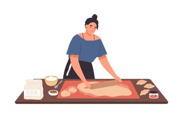 Wall Mural - Smiling housewife preparing dough use rolling pin on kitchen table vector flat illustration. Happy female cooking croissant with jam filling isolated on white. Preparation homemade baking