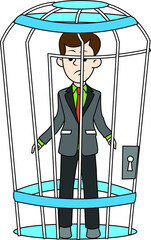 colorful illustration of a man in a prison case locked businessman ceo manager worker trainer lawyer unhappy sad person boy trapped trap