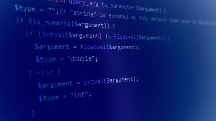 Wall Mural - computer source code of blockchain running over dark monitor.