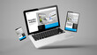 © MclittleStock - flying tablet, laptop and mobile phone showing  builder website
