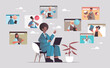 © mast3r - businessman chatting with mix race businesspeople during video call business people having online conference communication teamwork web trainig meeting concept horizontal vector illustration