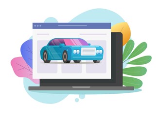 Car vehicle online service shop icon vector on laptop computer internet web page flat cartoon colorful illustration, idea of automobile rental or buying digital electronic pc store modern design