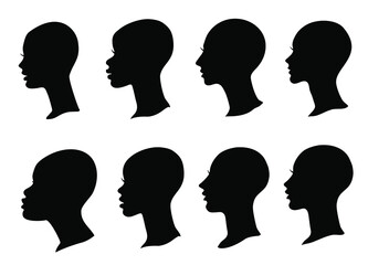 Wall Mural - Woman profile black silhouette with bald head. Set of vector female faces isolated on white