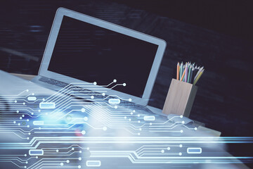 double exposure of desktop computer and technology theme hologram. concept of software development.