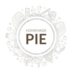 Canvas Print - Homemade Pie Banner Template with Baking Ingredients of Round Shape Hand Drawn Vector Illustration