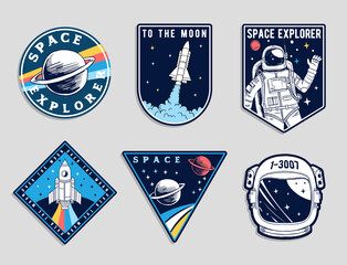 set of space and astronaut , patches, emblems, badges and labels.
