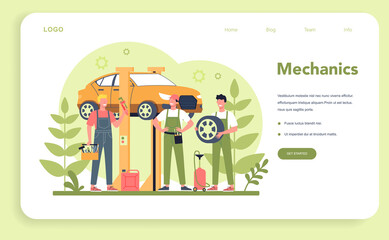 Car service web banner or landing page. People repair car using