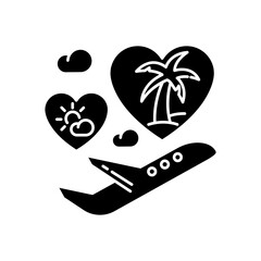 Poster - Honeymoon black glyph icon. Romantic vacation after wedding, tropical journey silhouette symbol on white space. Travel agency service, special package tours for newlyweds. Vector isolated illustration