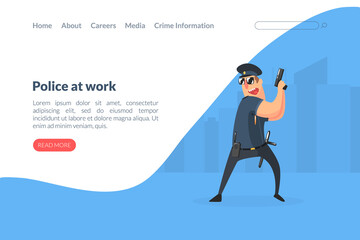 Sticker - Police at Work Landing Page Template, Policeman Character Standing with Gun Vector Illustration