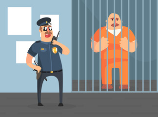 Poster - Prison Cell with Prisoner in Orange Uniform and Police Officer, Police Department Interior Vector Illustration