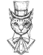 Cat Wearing Cylinder Top Hat And Monocle. Hipster Style Hand Drawn Vector Illustration