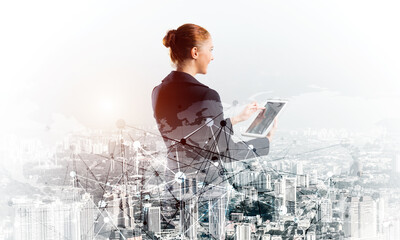 Double exposure concept with woman and cityscape