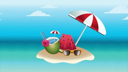 Sticker - hello summer holiday poster with coconut cocktail and umbrella