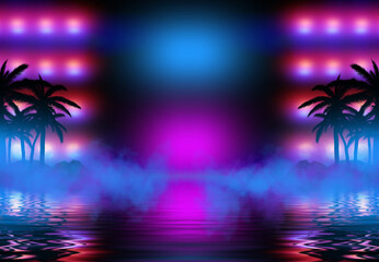 Wall Mural - Abstract futuristic background. Neon glow, reflection of tropical palm trees on the water. Night view, beach party. 3d illustration