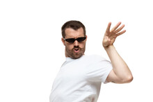 Salt Bae. Young Caucasian Man With Funny, Unusual Popular Emotions And Gestures Isolated On White Studio Background. Human Emotions, Facial Expression, Sales, Ad Concept. Trendy Look Inspired By Memes