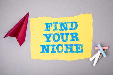 FIND YOUR NICHE concept. Text on note sheet, paper plane, symbol of gaining goals