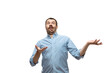 © master1305 - Whatever. Young caucasian man with funny, unusual popular emotions and gestures isolated on white studio background. Human emotions, facial expression, sales, ad concept. Trendy look inspired by memes