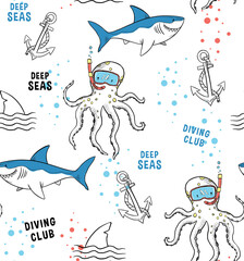 Wall Mural - Hand drawn vector cute shark, octopus drawing seamless pattern. For kids and babies t-shirt prints and other uses.