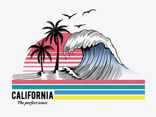Wall Mural - California theme text with waves, palm trees, birds and sun vector illustrations. For t-shirt prints and other uses.