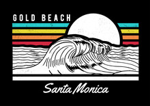 Santa Monica Beach Text With Waves And Sun Vector Illustrations. For T-shirt Prints And Other Uses.