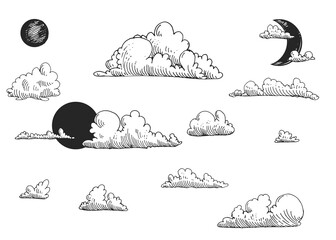 Wall Mural - Detailed hand drawn black and white illustration set of clouds, sun, moon. sketch. Vector. Elements in graphic style label, card, sticker, menu, package.