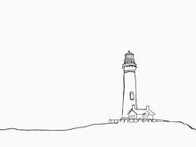 Black Simple Childish Continuous Hand Drawn  Line Art Pigeon Point Lighthouse Of California State, USA On White Background For Wallpaper, Label, Banner, Wrapping Etc. Vector Design.