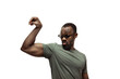 Salt bae. Young african-american man with funny, unusual popular emotions and gestures on white studio background. Human emotions, facial expression, sales, ad concept. Trendy look inspired by memes.