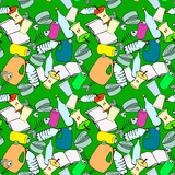 Fototapeta  - Seamless pattern of garbage on a green background. Organics, plastic and other waste. Waste sorting. Ecology problems.