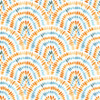 Seigaiha wave seamless watercolor pattern. Asian motives. Blue and orange isolated dots on a white background. Paper texture. Print for textiles, packaging, home decor.