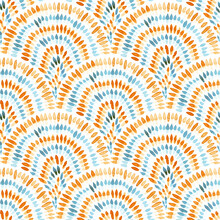 Seigaiha Wave Seamless Watercolor Pattern. Asian Motives. Blue And Orange Isolated Dots On A White Background. Paper Texture. Print For Textiles, Packaging, Home Decor.