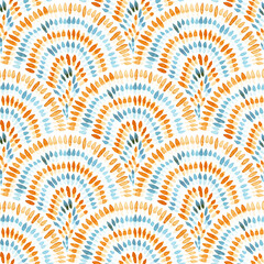 seigaiha wave seamless watercolor pattern. asian motives. blue and orange isolated dots on a white b