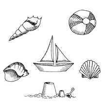 Set Of Children Toys For Playing On The Beach. Seashell, Inflatable Striped Ball, Ship, Boat, Sand Shapes For Castle Building. Hand Drawn Vector Sketch Illustration In Doosle Outline. Summer Travel.