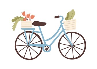 Cute hand drawn bicycle or bike isolated on white background. Urban eco friendly pedal transport carrying baskets with flowers and plants vector flat illustration. Retro vehicle with flower bouquet