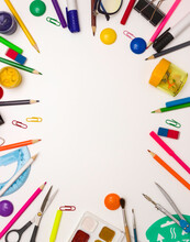 Education, Office, And Object Concept. Stationery Frame On A White Background. Free Space For Text, Top View.