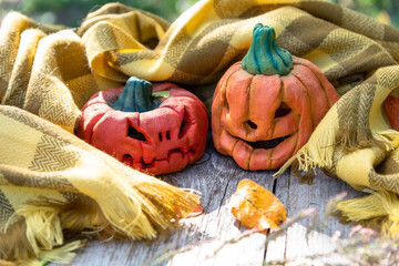 Two pumpkins bask in the sun, wrapped in a yellow scarf and surrounded by fallen leaves. Festive pumpkins for Halloween.