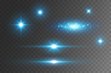 Wall Mural - flare light effect isolated on transparent background. blue flash lense rays and spotlight beams set
