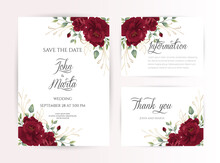 Wedding Invitation Set Of Card With Red Flowers Rose, Eucalyptus Leaves. Floral Trendy Templates For Banner, Flyer, Poster, Greeting. Vector Illustration. Eps 10