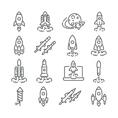 Rocket related icons: thin vector icon set, black and white kit