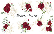 Set Of Flower Red Rose, Green Leaves. Floral Poster, Invite. Vector Arrangements For Greeting Card Or Invitation Design Background