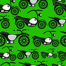 Seamless Vector Pattern Of Retro Motorcycles On A Green Background. 