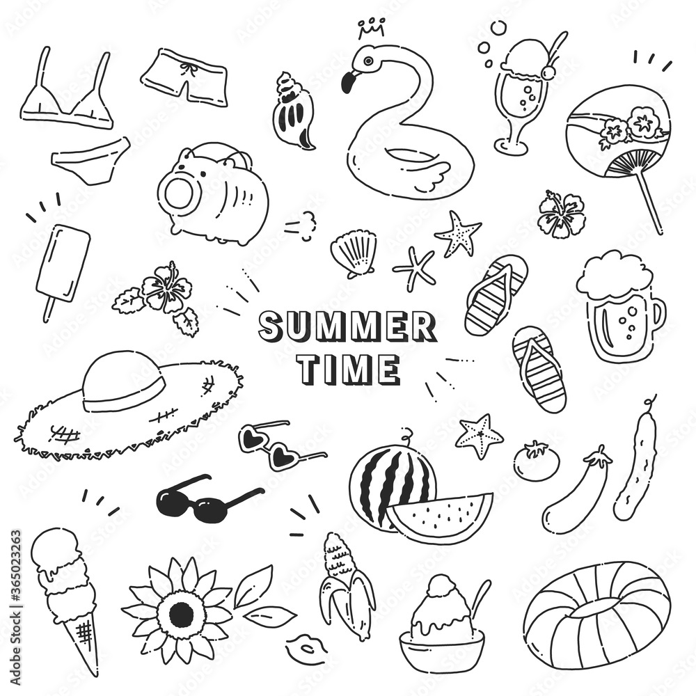 夏の手描きイラストアイコンセット【線画・白背景】summer flat