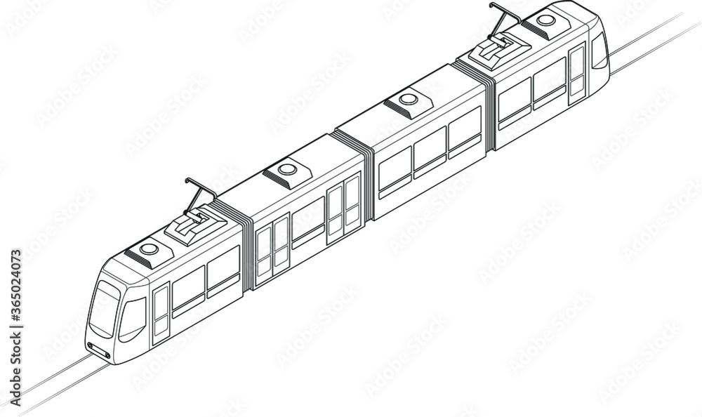 Line drawing of a tram or light rail public transport vehicle. Four-car. Line art.