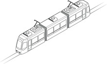 Line drawing of a tram or light rail public transport vehicle. Three-car. Line art.