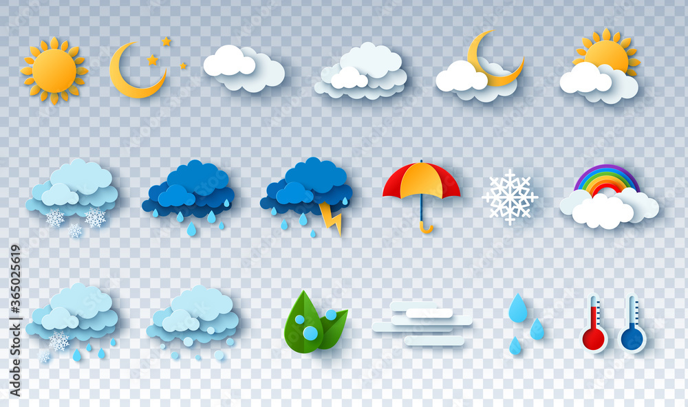 Paper cut weather icons set on transparent background. Vector illustration. White clouds, dew on leaves, fog sign, day and night for forecast design. Sun and thunderstorm stickers. - obrazy, fototapety, plakaty 