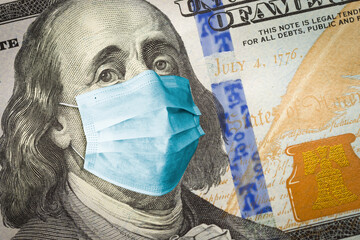 Wall Mural - Benjamin Franklin With Worried and Concerned Expression Wearing Medical Face Mask On One Hundred Dollar Bill