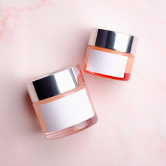 Wall Mural - cosmetic cream jars on pink background. beauty product containers with white labels, packaging desig